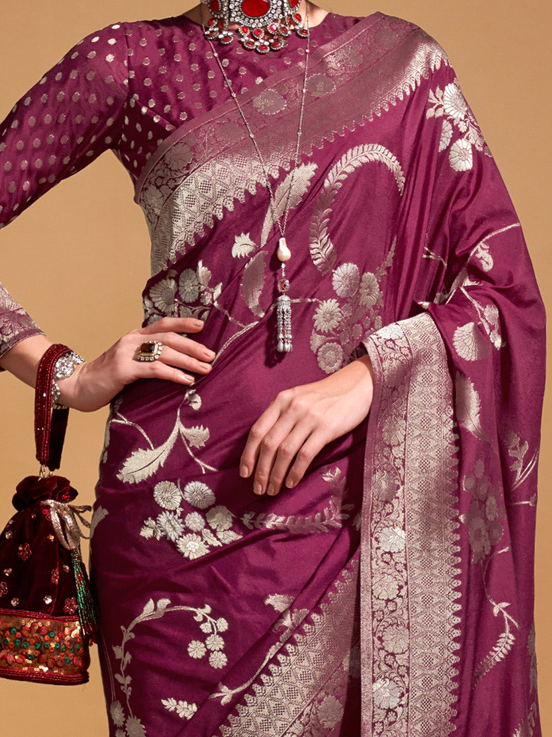 Georgette Burgundy Woven Design Designer Saree With Blouse