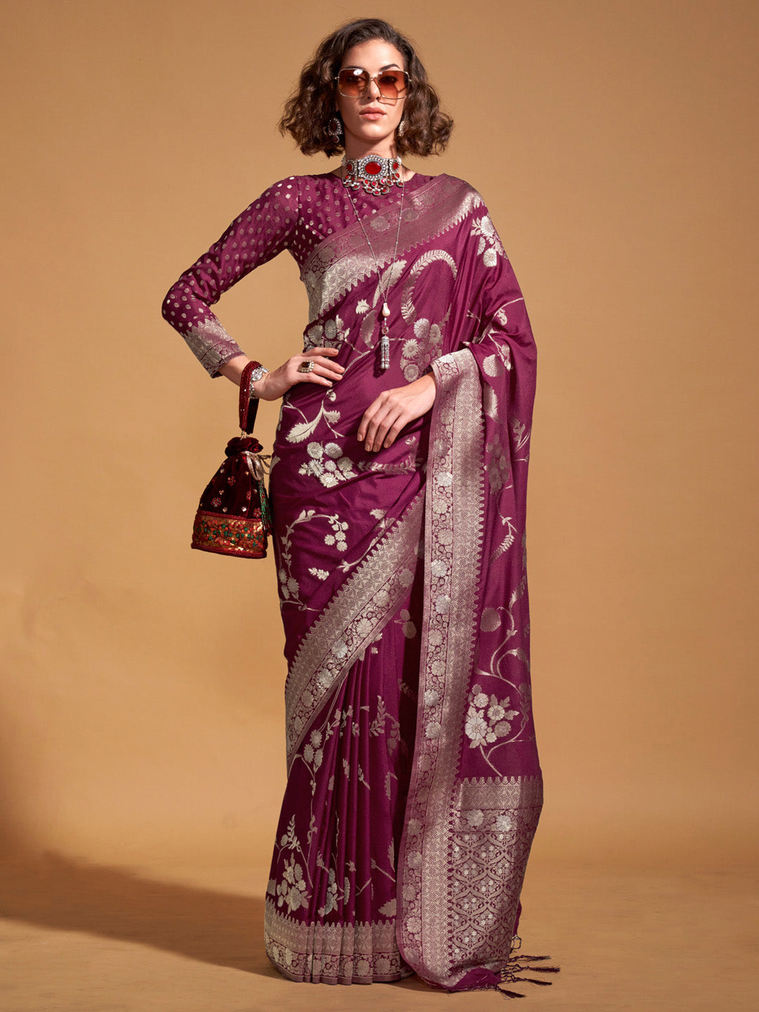 Georgette Burgundy Woven Design Designer Saree With Blouse