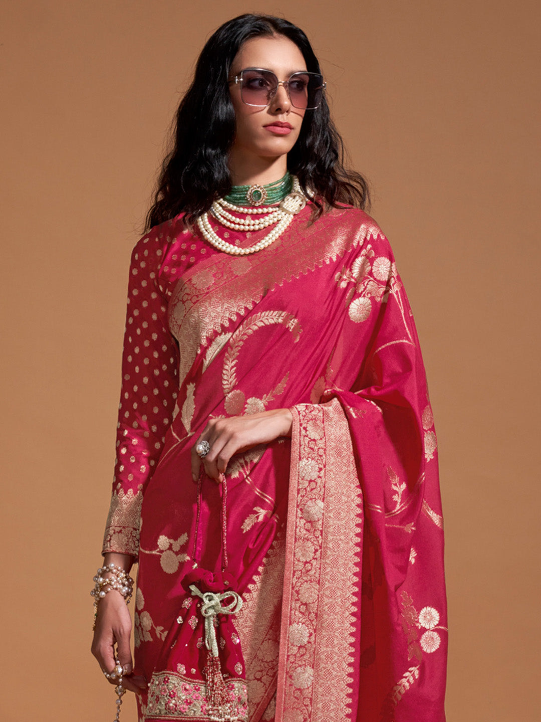 Georgette Pink Woven Design Designer Saree With Blouse