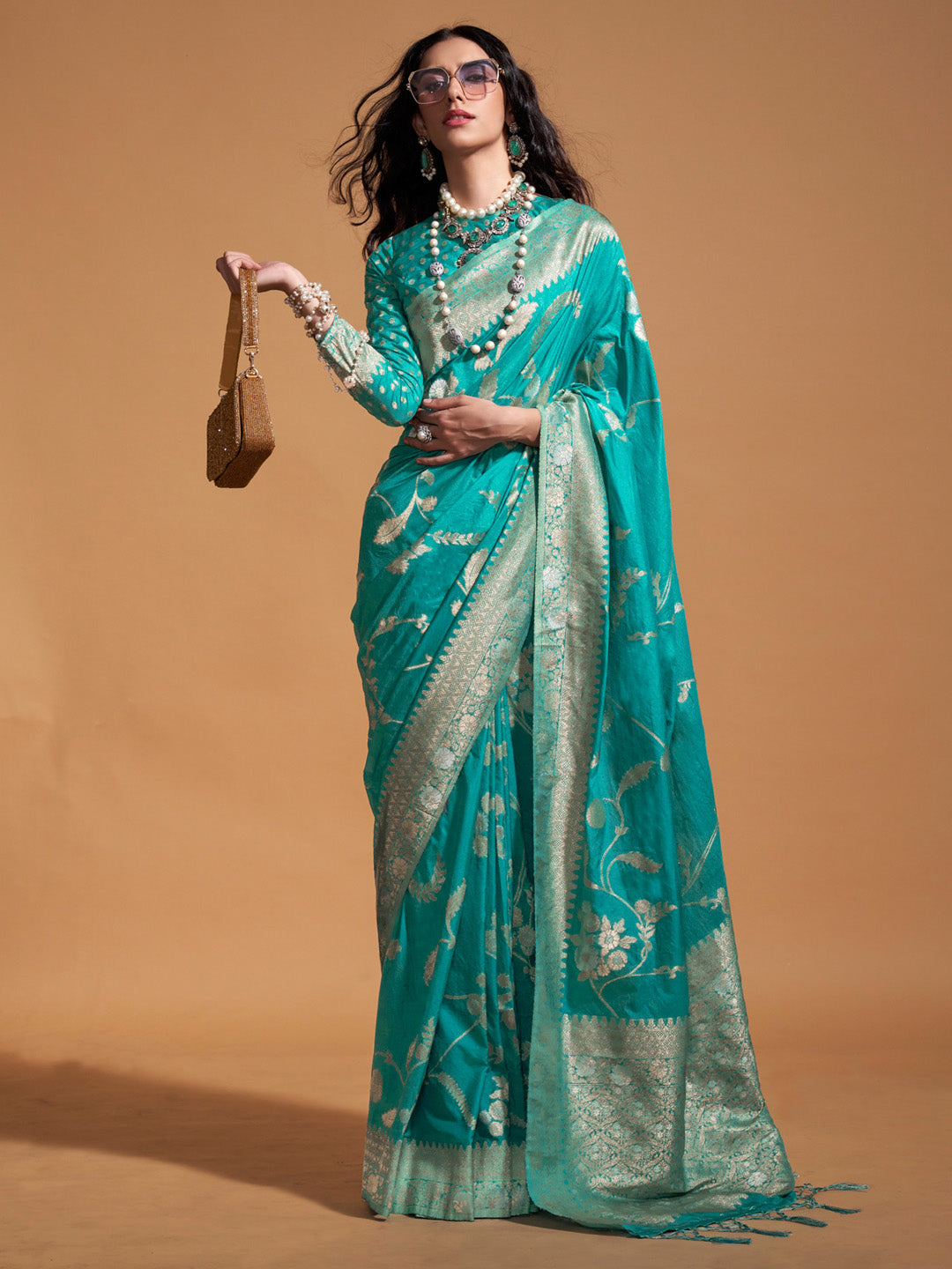 Georgette Blue Woven Design Designer Saree With Blouse