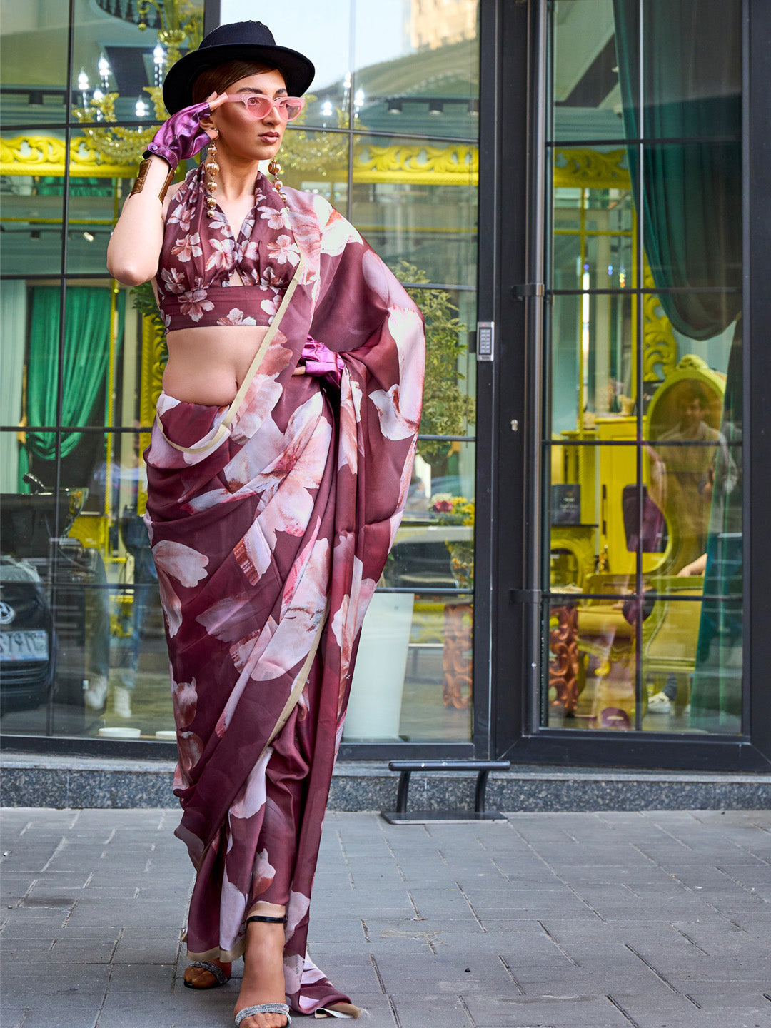 Satin Silk Brown Printed Designer Saree With Blouse