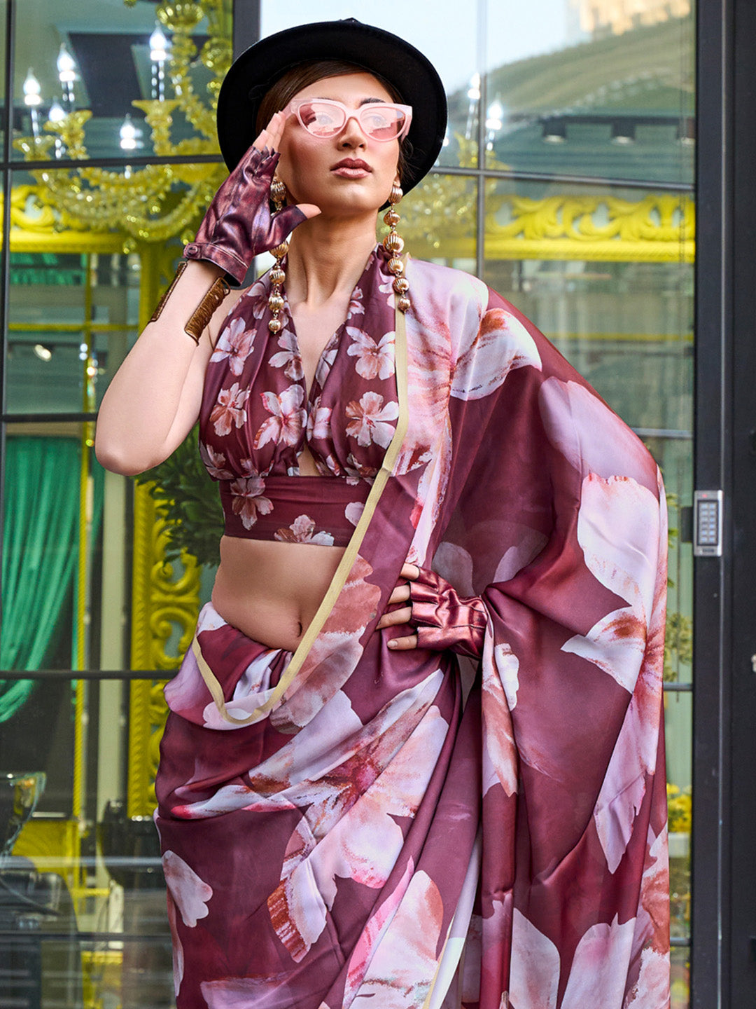 Satin Silk Brown Printed Designer Saree With Blouse