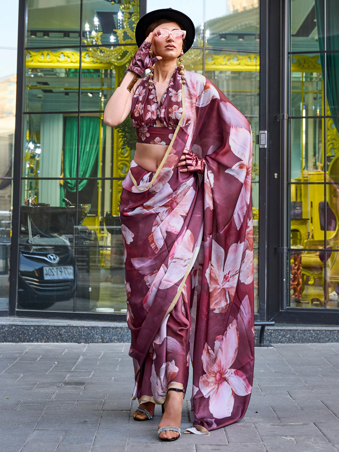 Satin Silk Brown Printed Designer Saree With Blouse