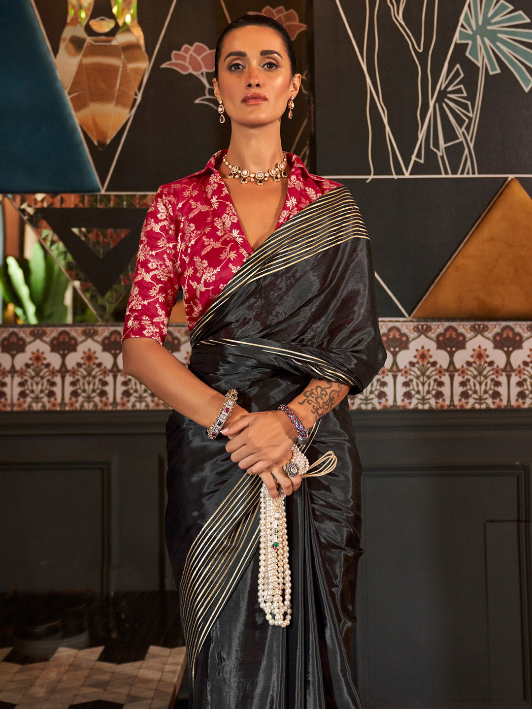 Viscose Silk Black Woven Design Designer Saree With Blouse