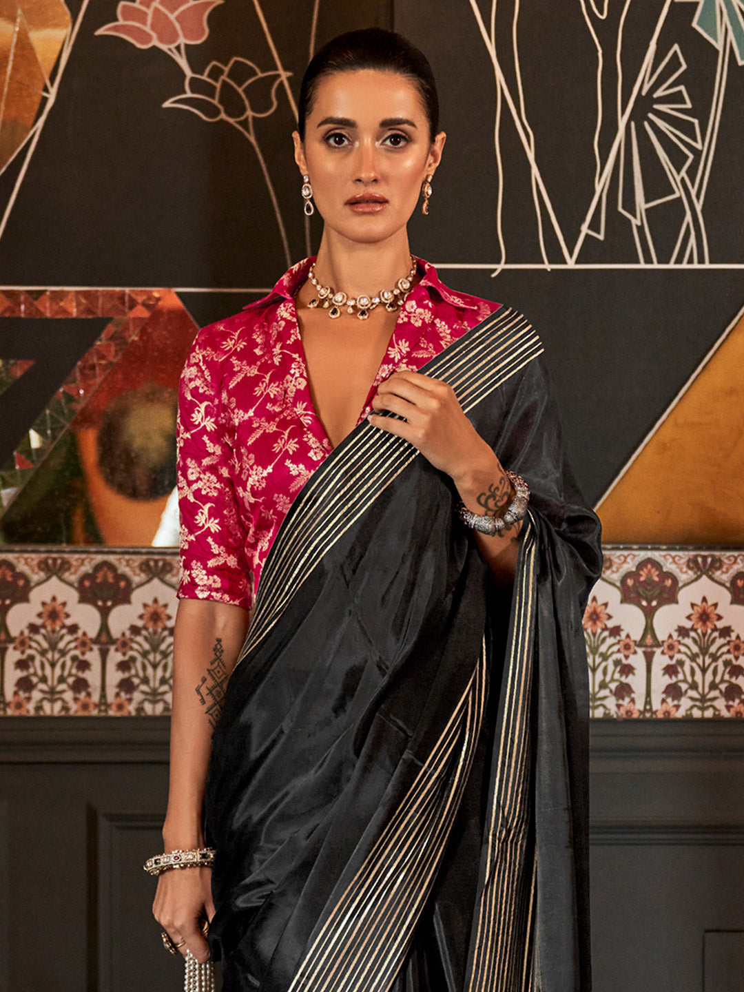 Viscose Silk Black Woven Design Designer Saree With Blouse