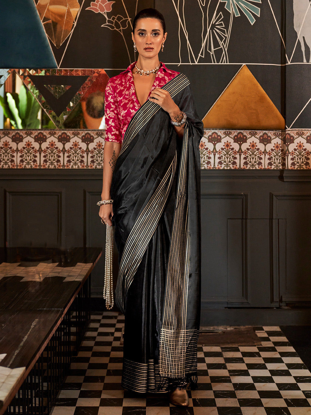 Viscose Silk Black Woven Design Designer Saree With Blouse