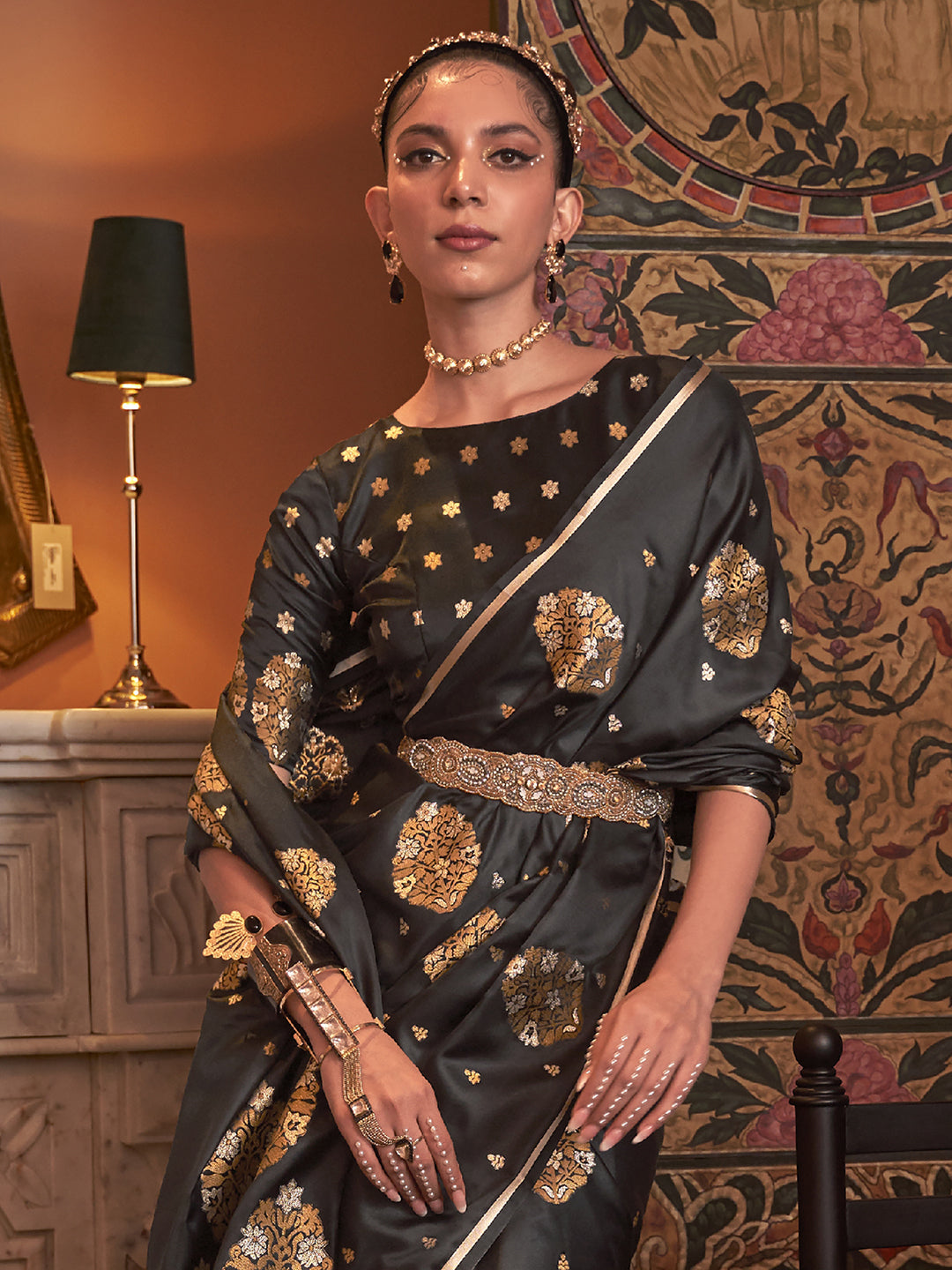 Silk Blend Black Woven Design Designer Saree With Blouse