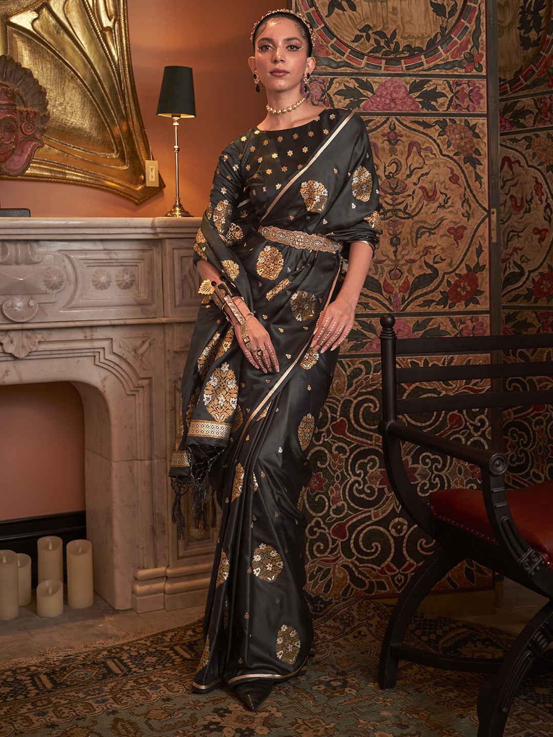 Silk Blend Black Woven Design Designer Saree With Blouse