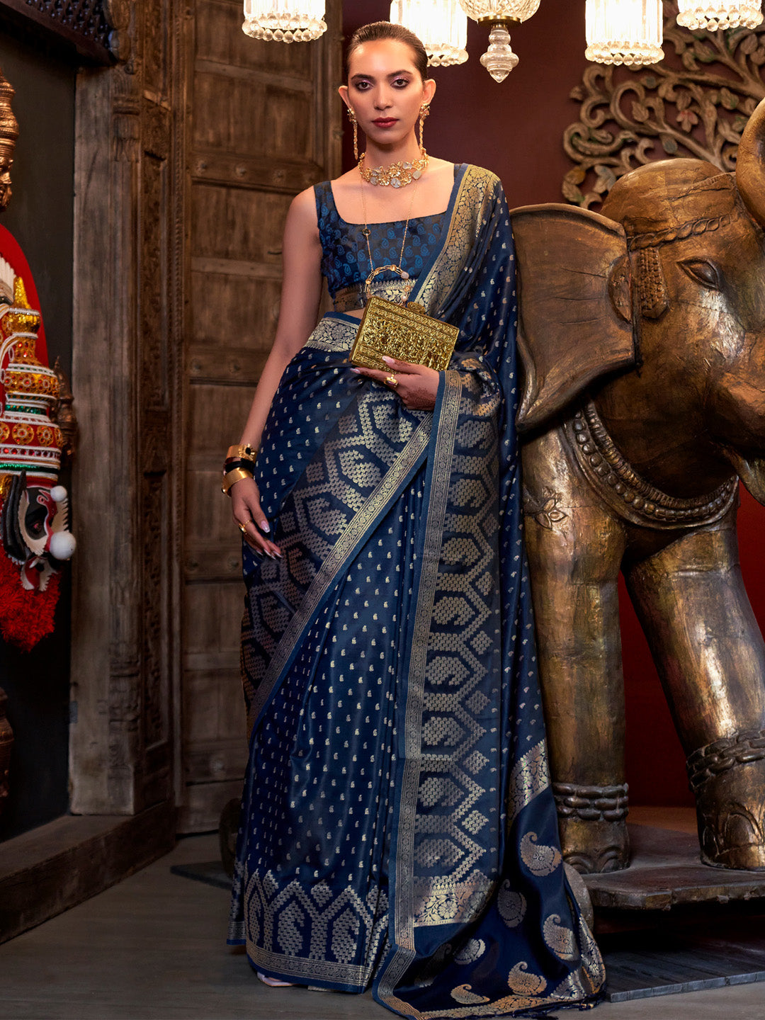 Satin Silk Navy Blue Woven Design Designer Saree With Blouse