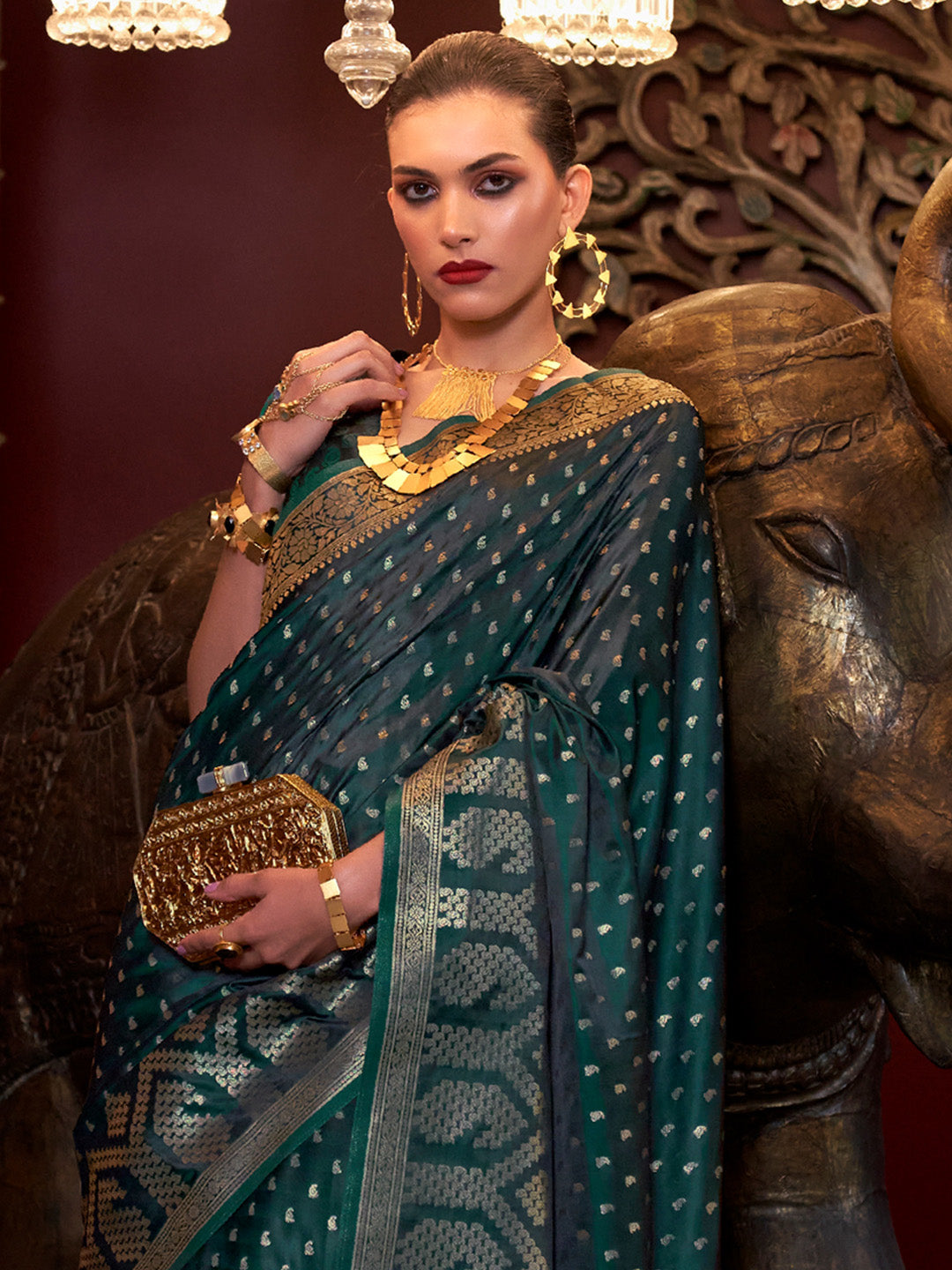 Satin Silk Dark Green Woven Design Designer Saree With Blouse