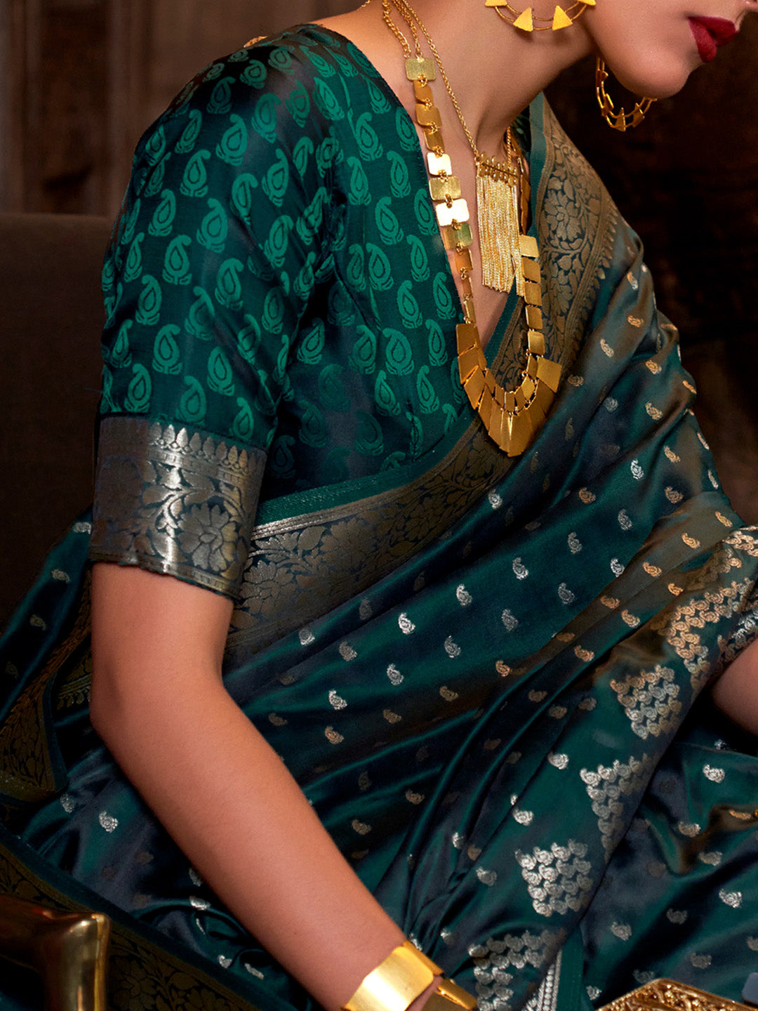 Satin Silk Dark Green Woven Design Designer Saree With Blouse