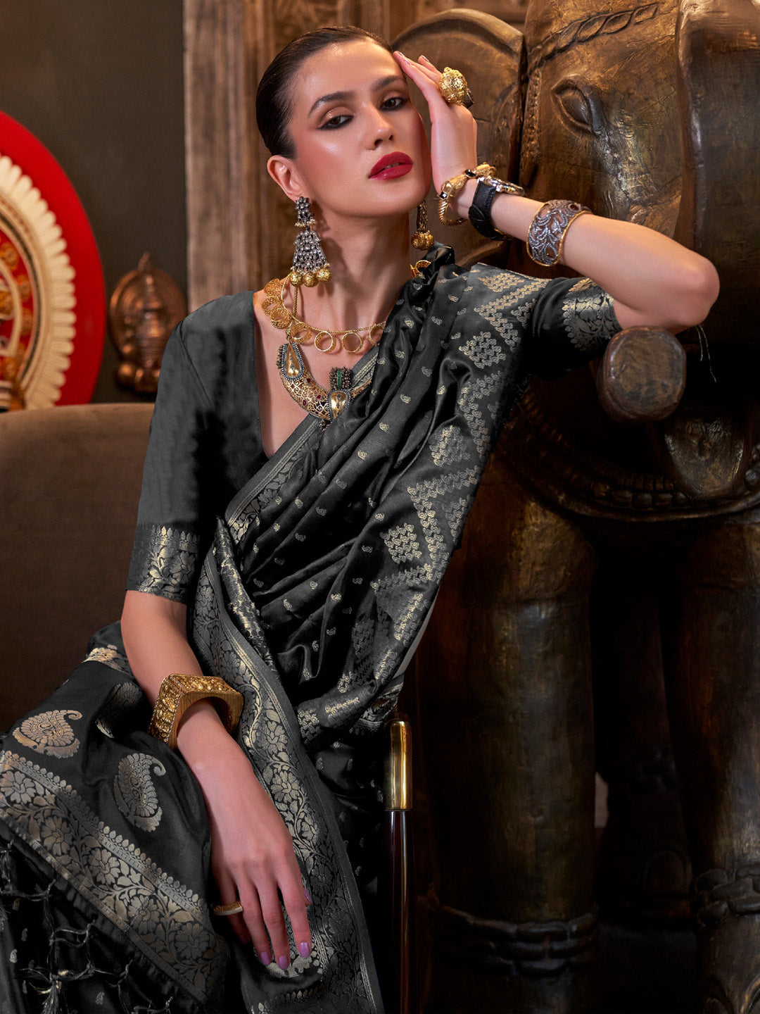 Satin Silk Black Woven Design Designer Saree With Blouse