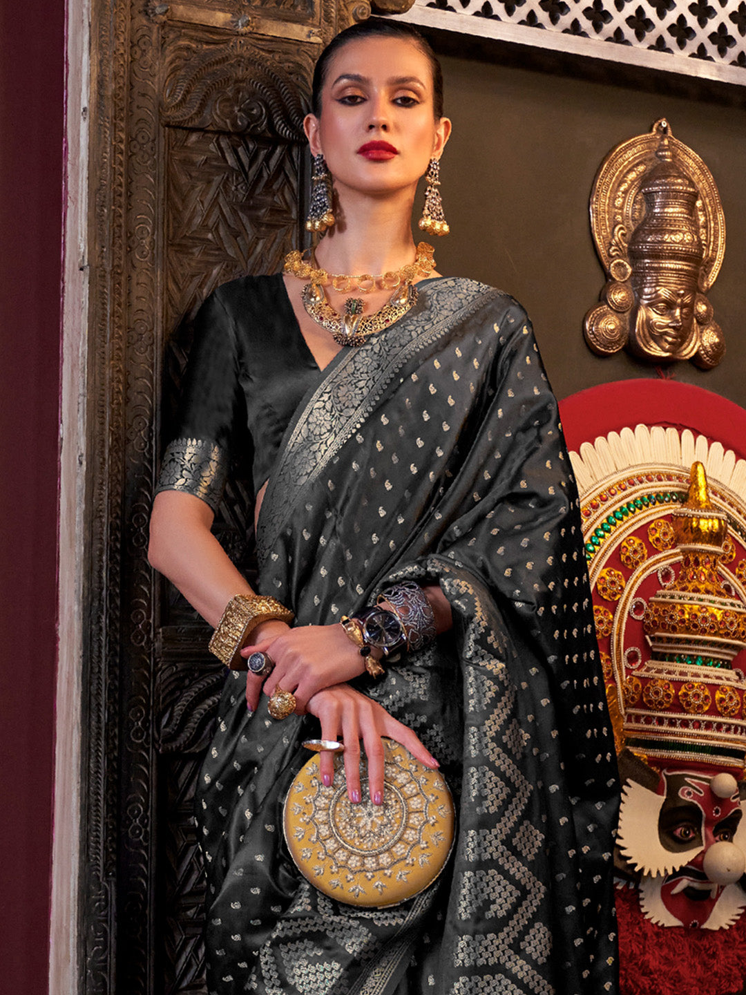 Satin Silk Black Woven Design Designer Saree With Blouse