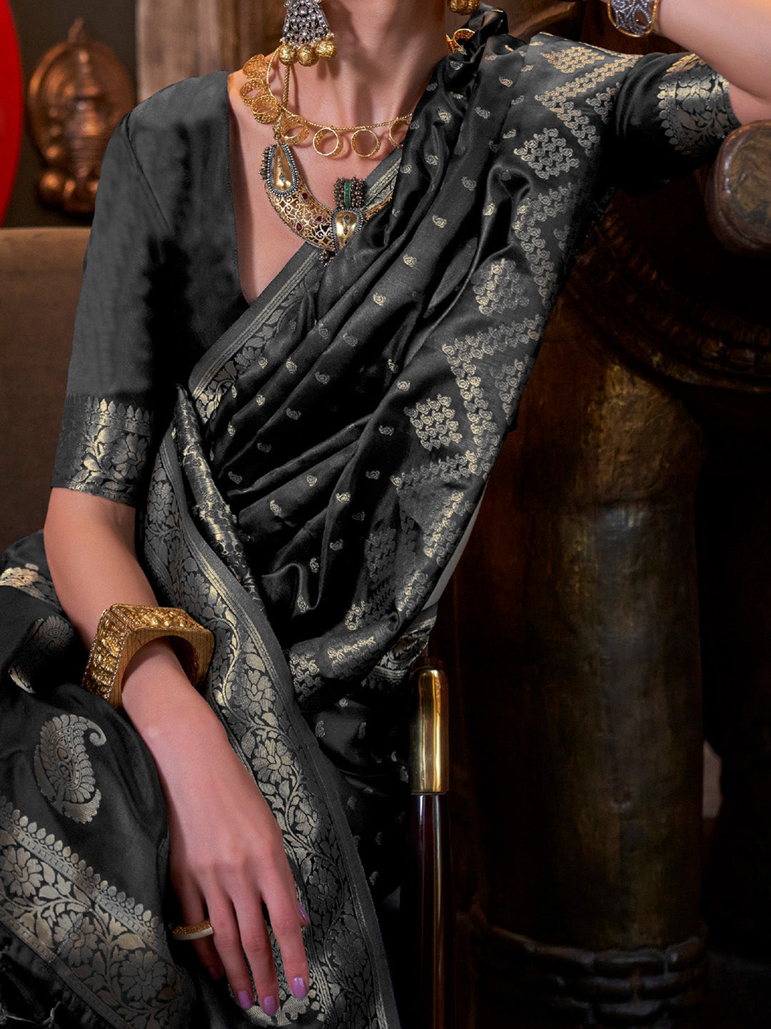 Satin Silk Black Woven Design Designer Saree With Blouse