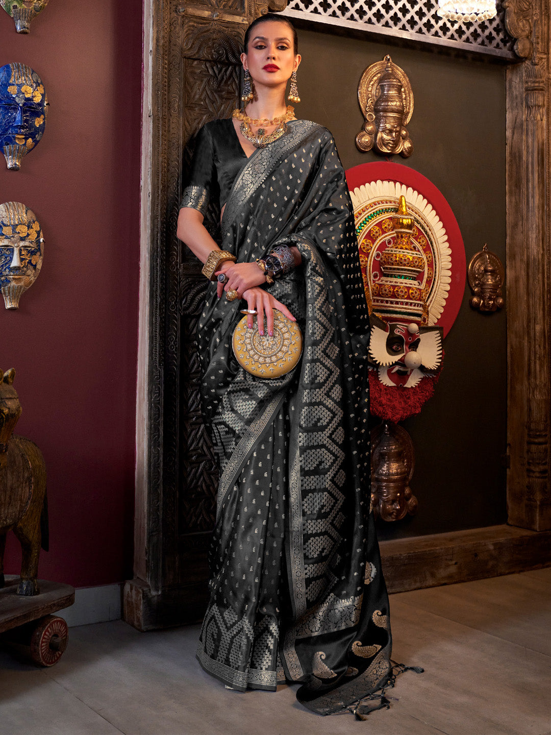 Satin Silk Black Woven Design Designer Saree With Blouse