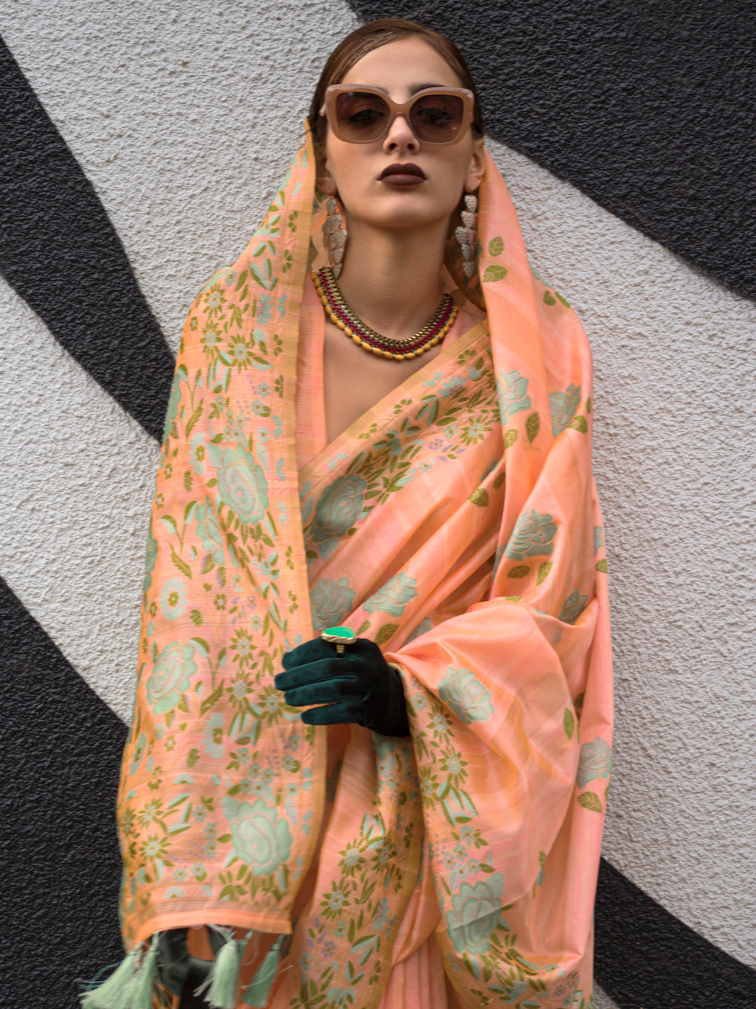 Cotton Blend Peach Woven Design Designer Saree With Blouse