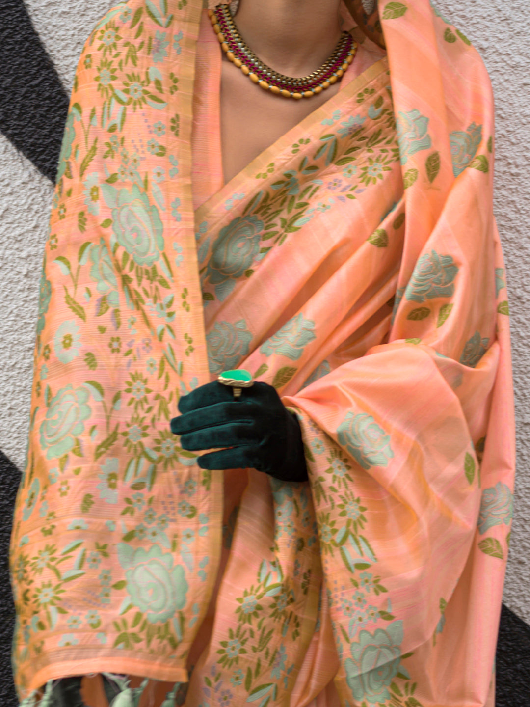 Cotton Blend Peach Woven Design Designer Saree With Blouse