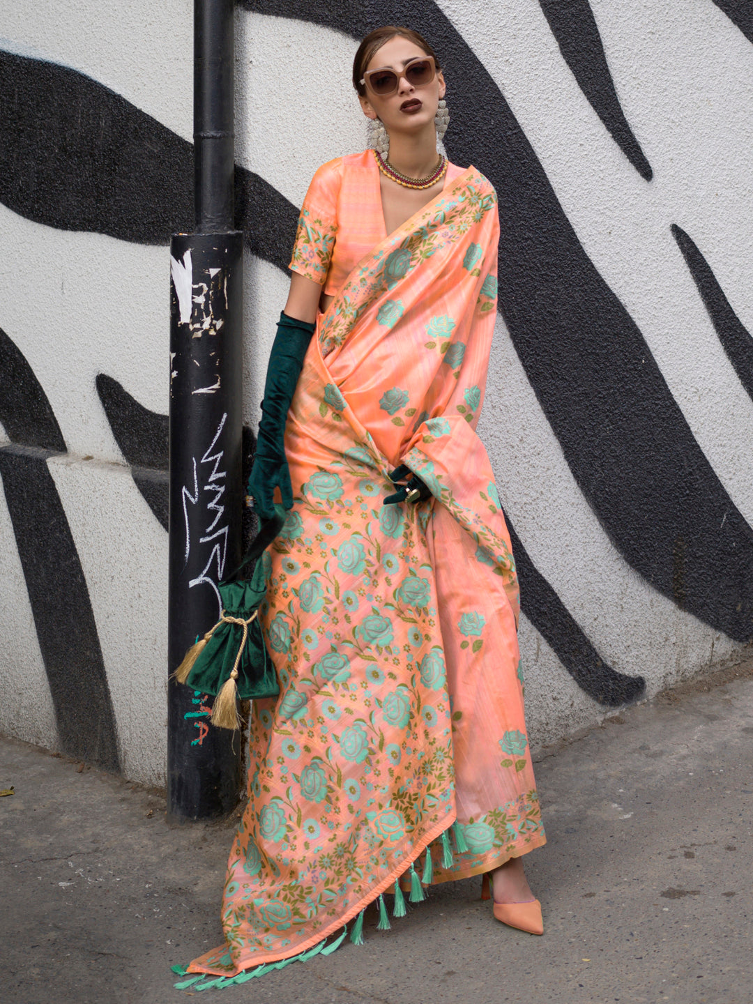 Cotton Blend Peach Woven Design Designer Saree With Blouse