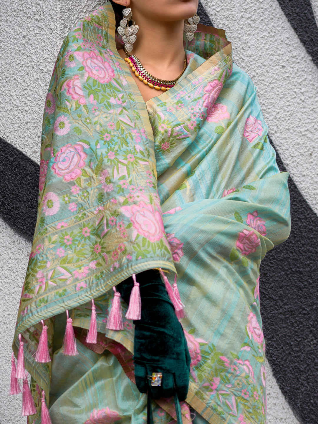 Cotton Blend Sea Green Woven Design Designer Saree With Blouse