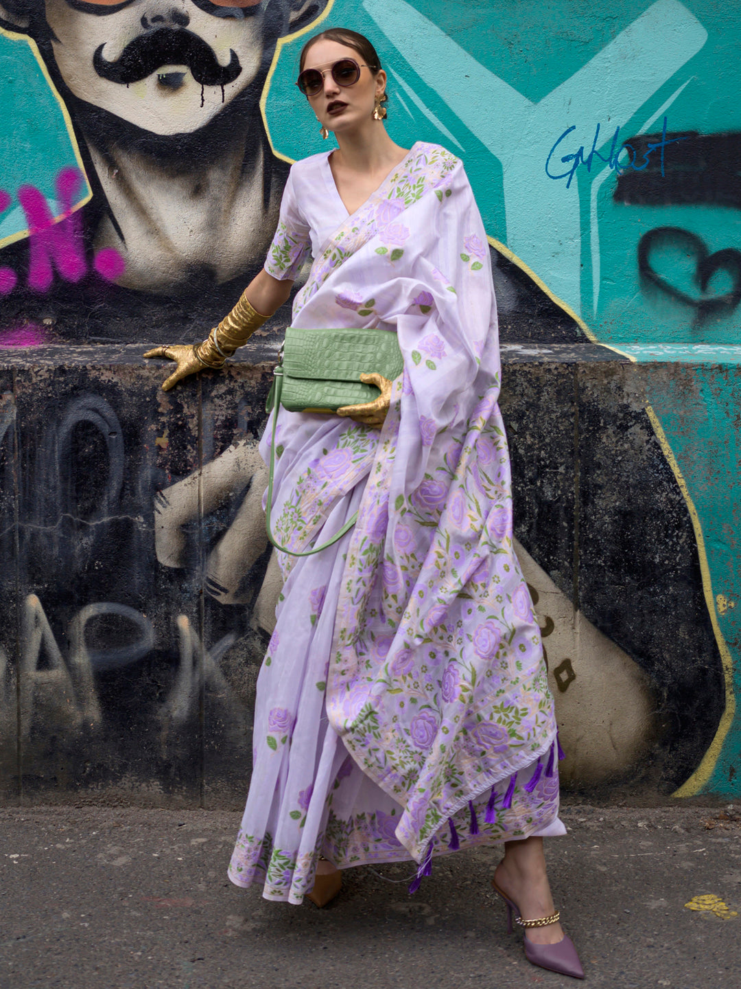 Cotton Blend Lavendar Woven Design Designer Saree With Blouse