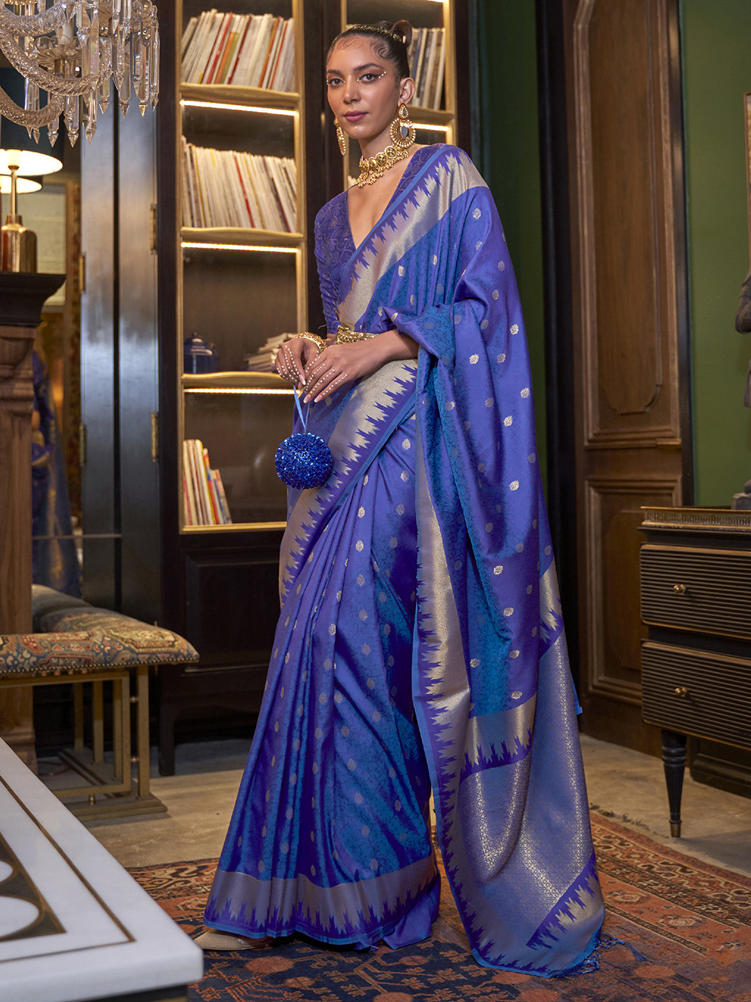 Silk Blend Navy Blue Woven Design Designer Saree With Blouse