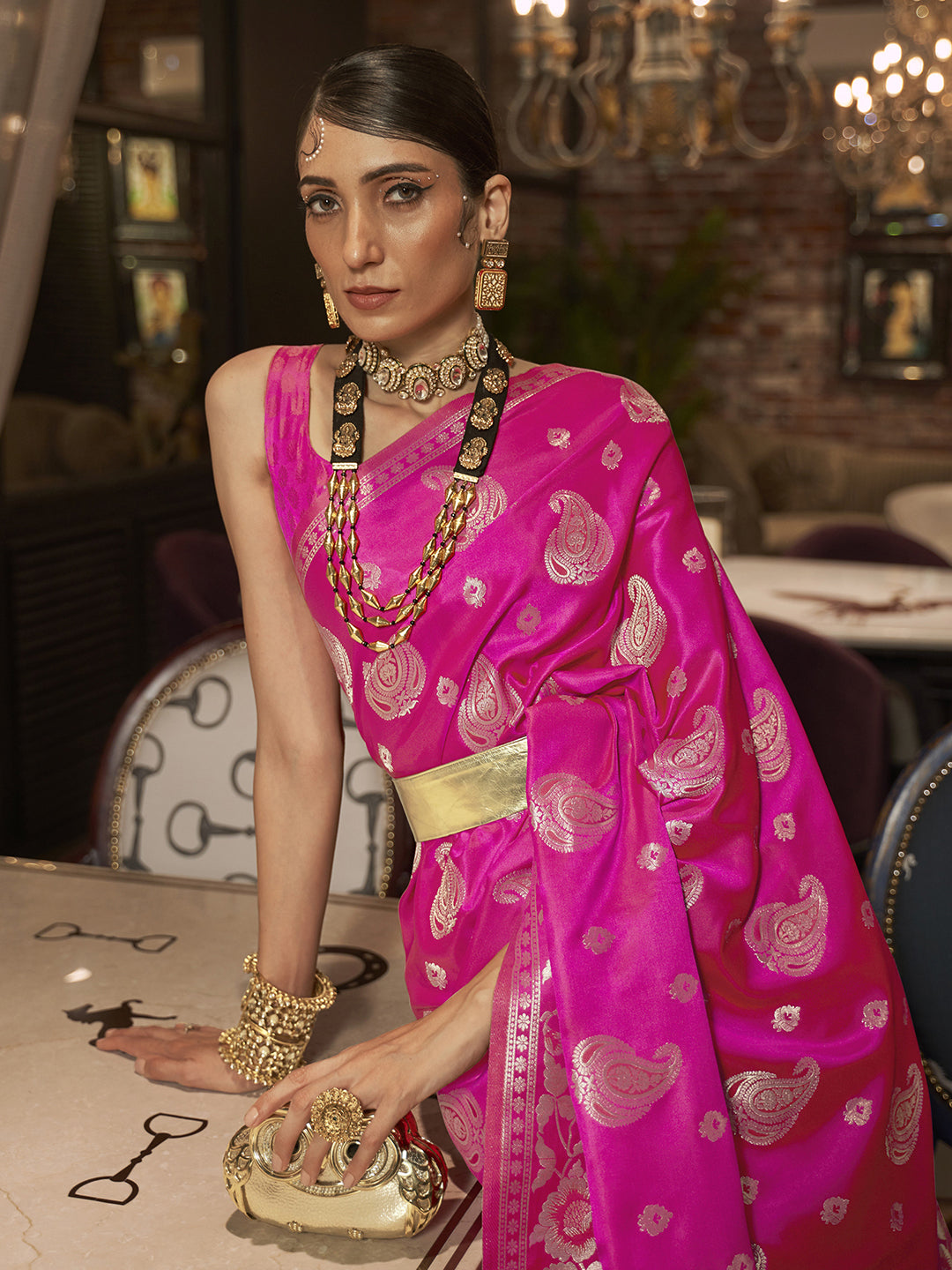 Silk Blend Pink Woven Design Designer Saree With Blouse