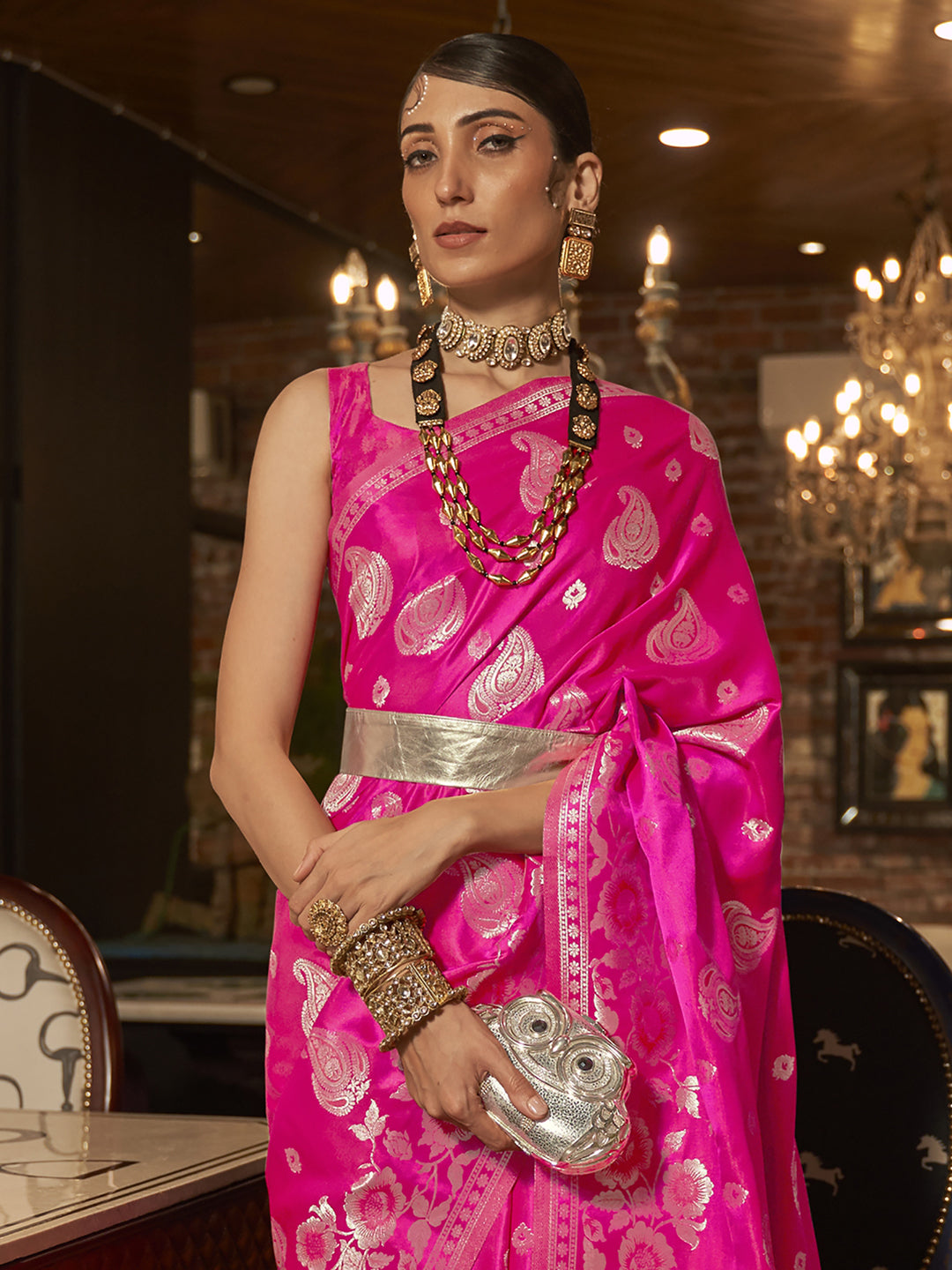 Silk Blend Pink Woven Design Designer Saree With Blouse