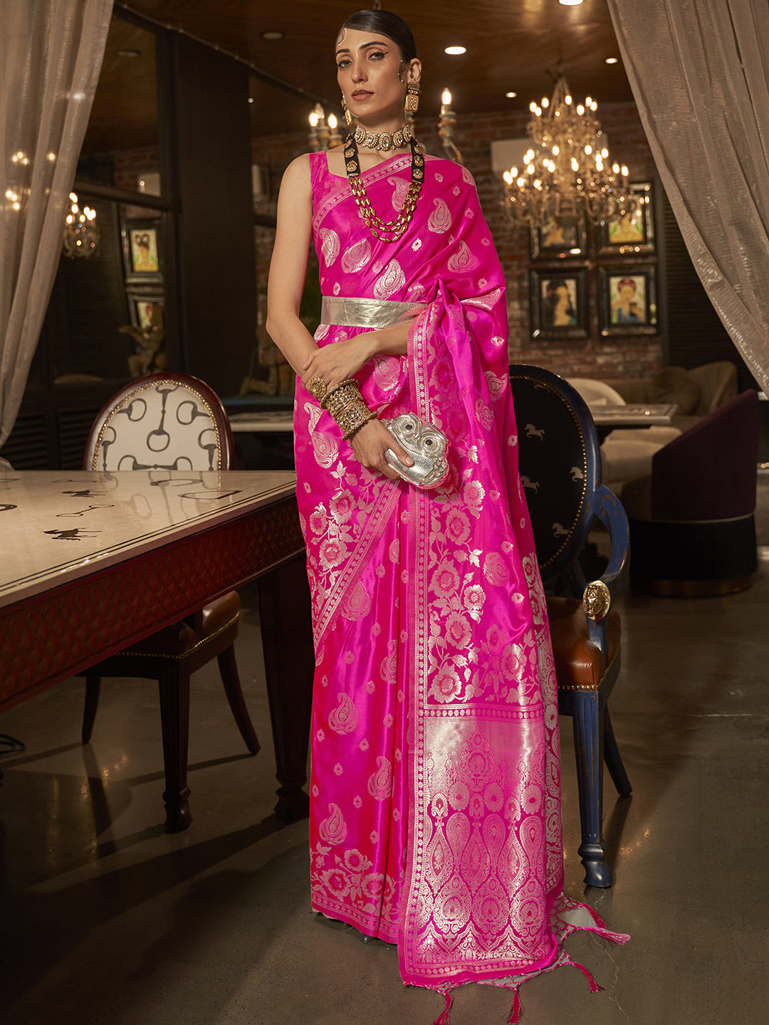 Silk Blend Pink Woven Design Designer Saree With Blouse