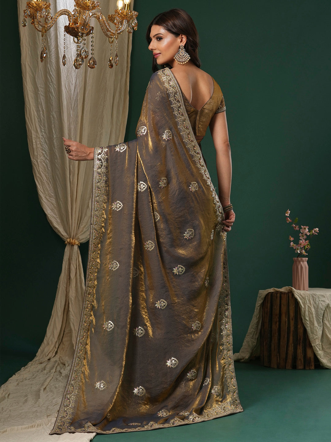 Satin Silk Bronze Embroidered Designer Saree With Blouse