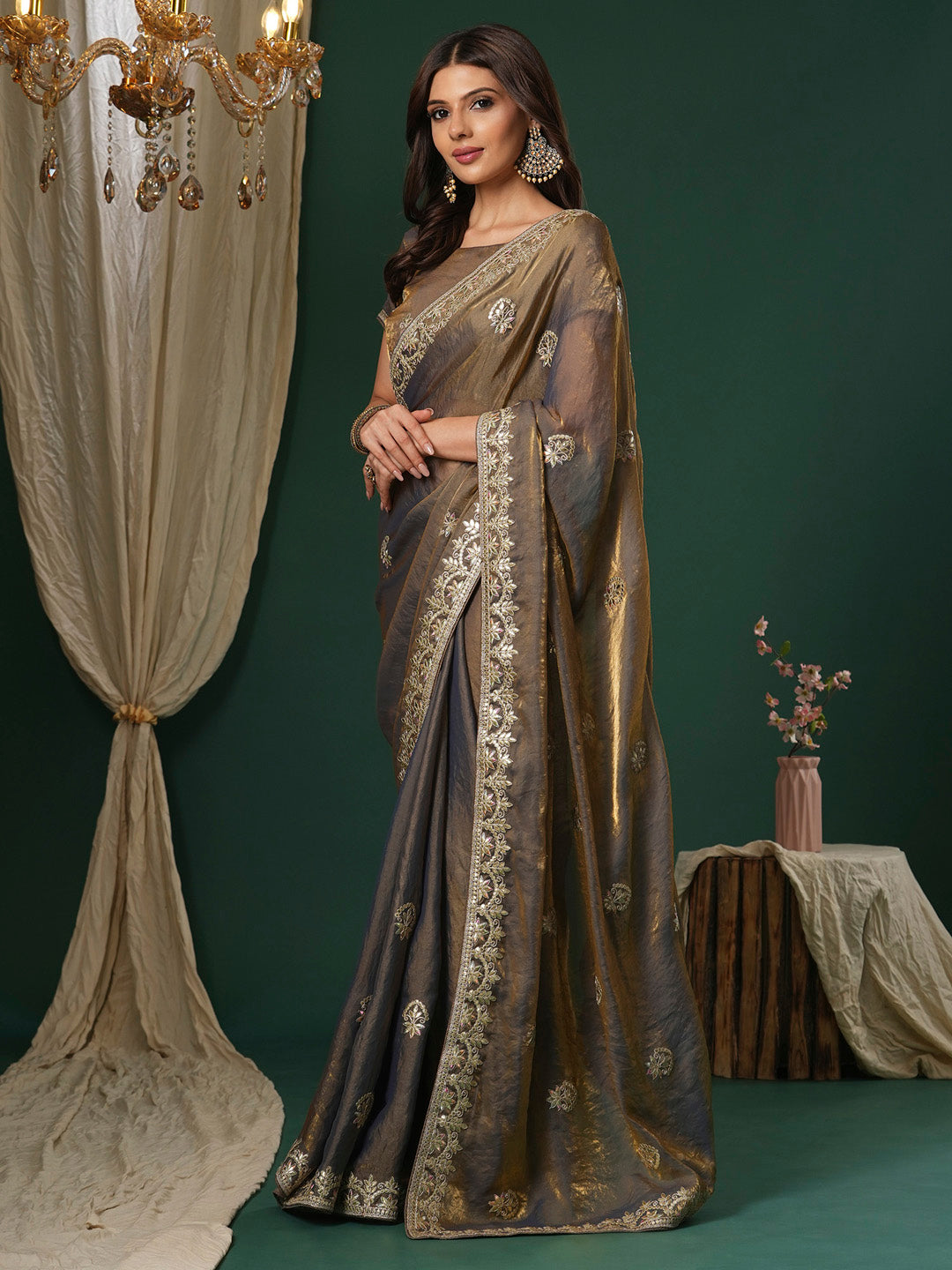 Satin Silk Bronze Embroidered Designer Saree With Blouse