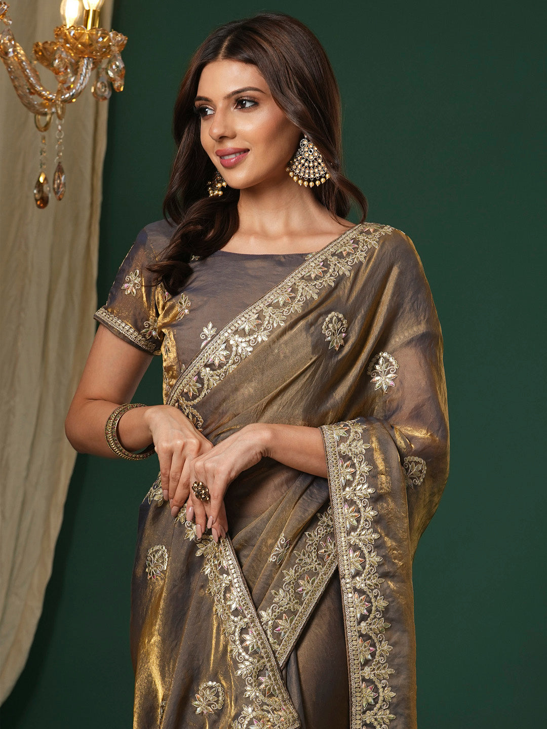 Satin Silk Bronze Embroidered Designer Saree With Blouse