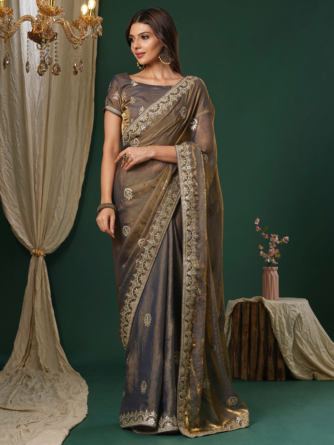 Satin Silk Bronze Embroidered Designer Saree With Blouse