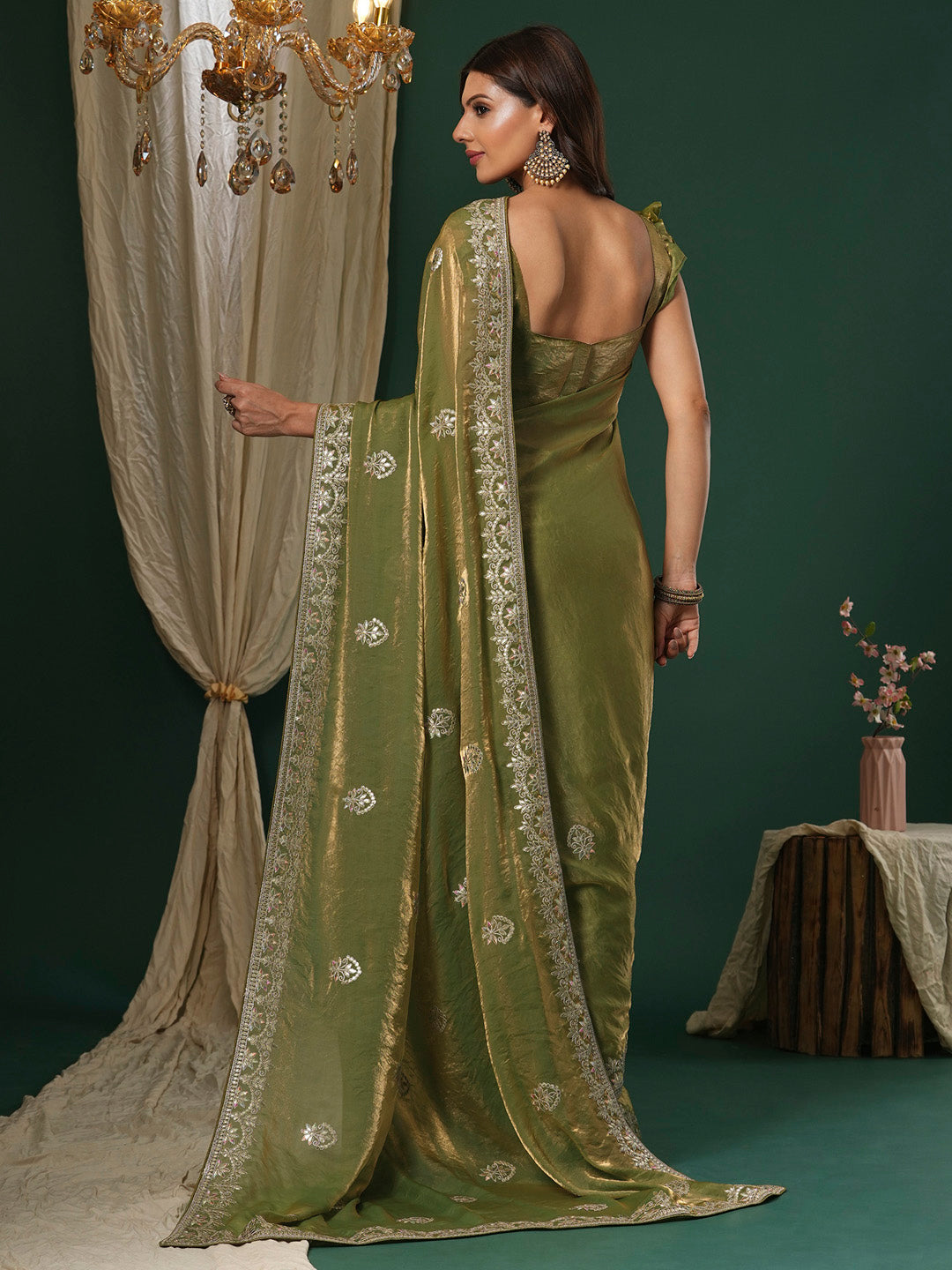 Satin Silk Light Green Embroidered Designer Saree With Blouse