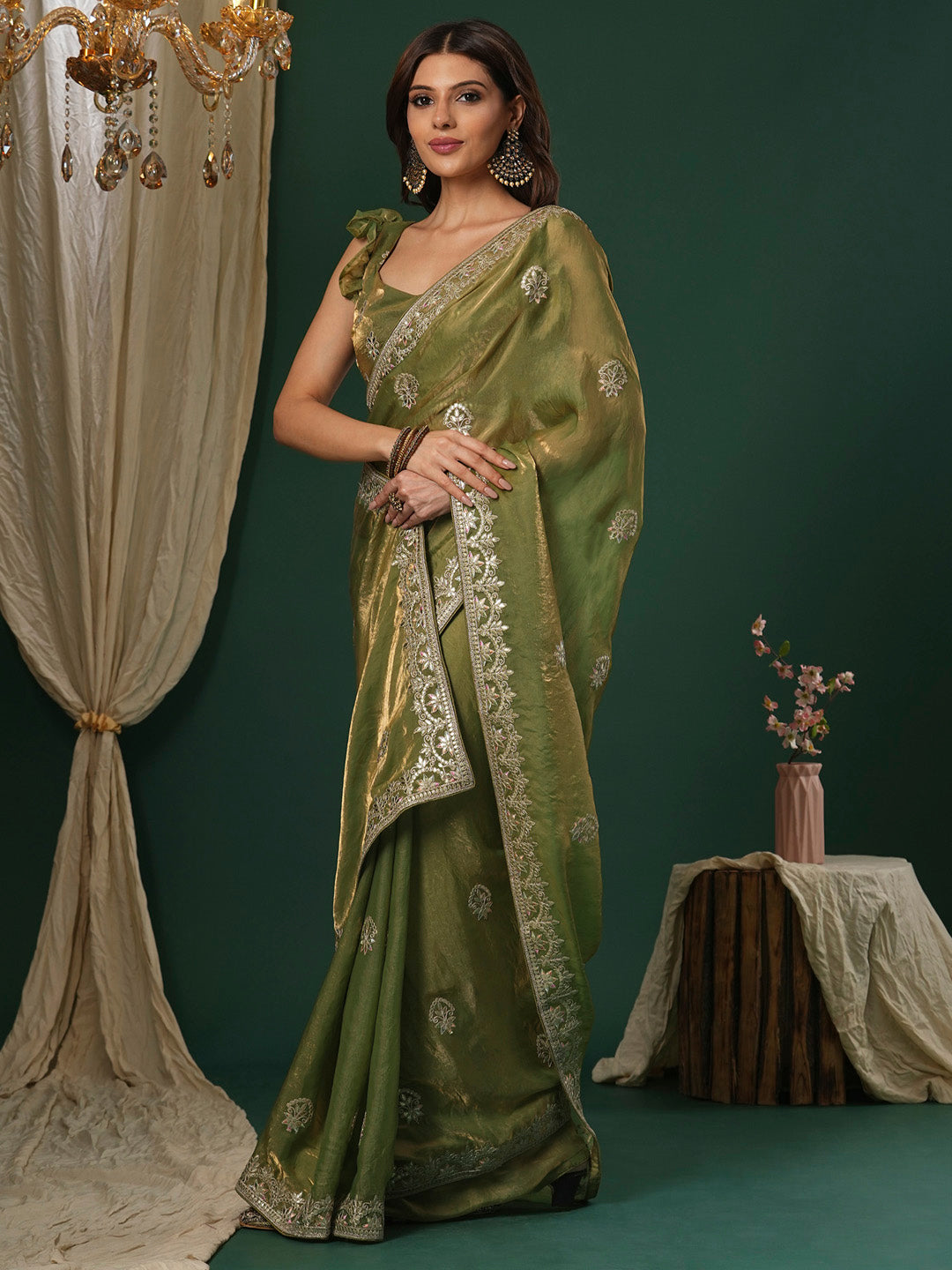 Satin Silk Light Green Embroidered Designer Saree With Blouse