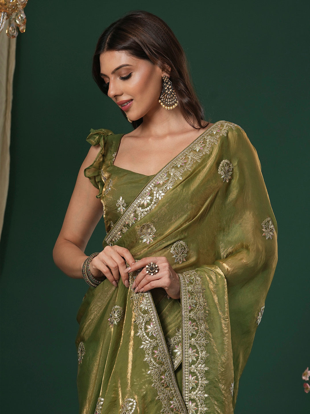 Satin Silk Light Green Embroidered Designer Saree With Blouse