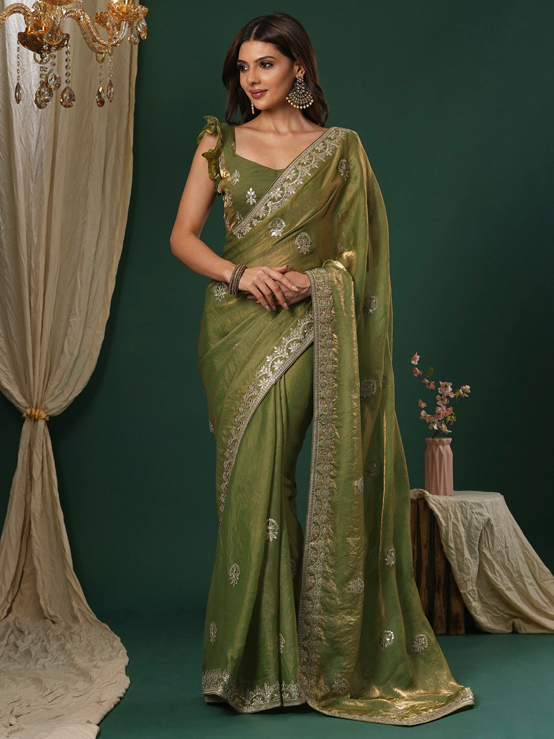 Satin Silk Light Green Embroidered Designer Saree With Blouse