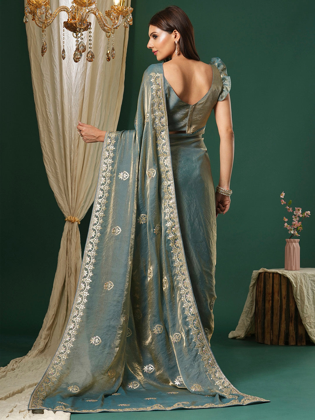 Satin Silk Teal blue Embroidered Designer Saree With Blouse