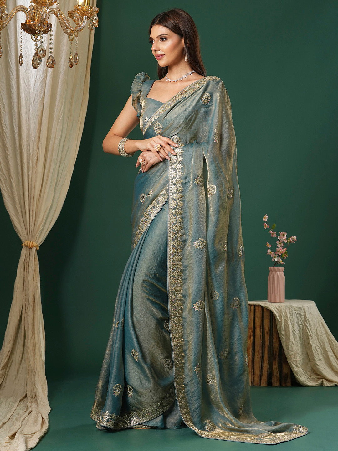 Satin Silk Teal blue Embroidered Designer Saree With Blouse