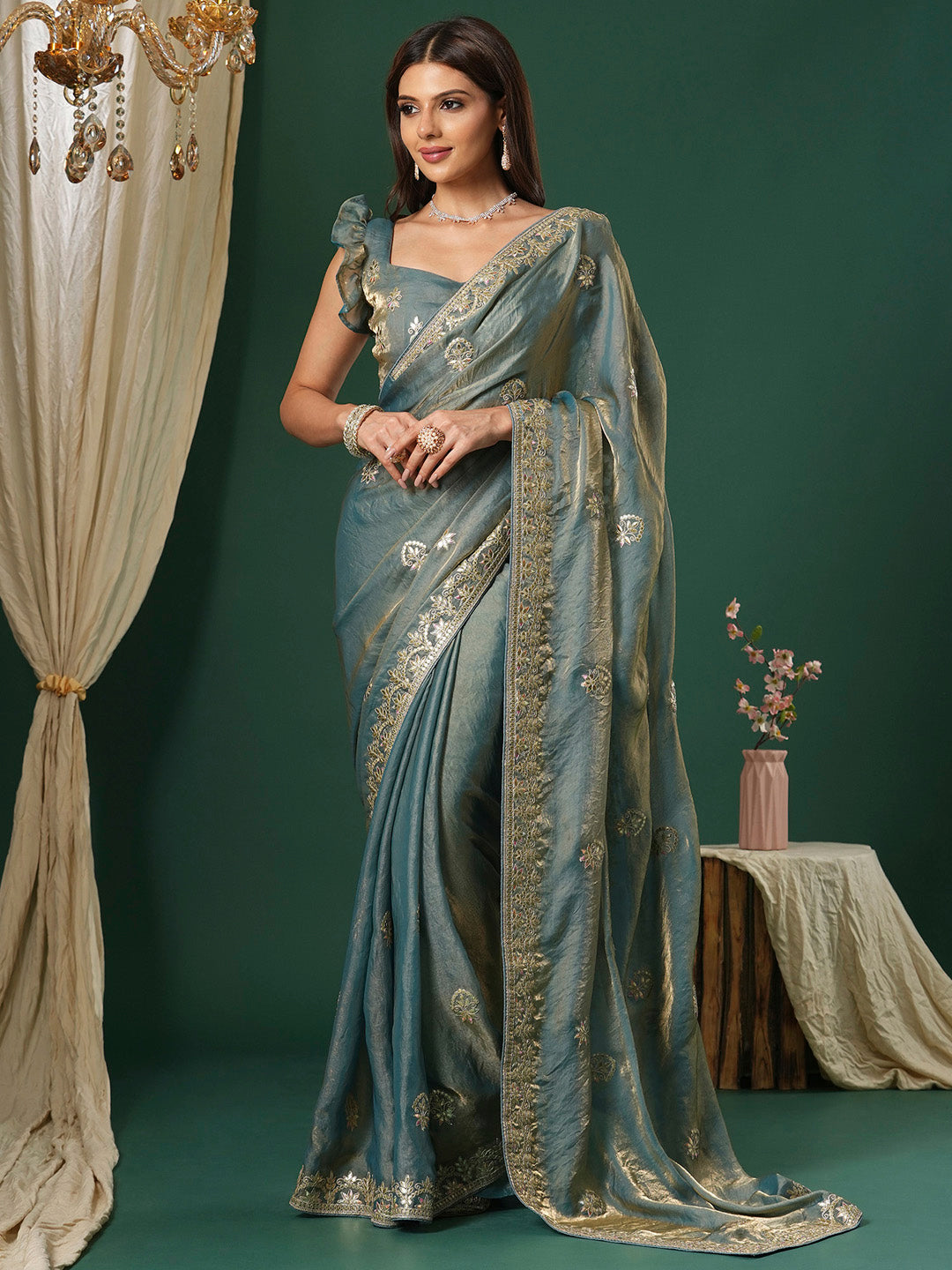 Satin Silk Teal blue Embroidered Designer Saree With Blouse