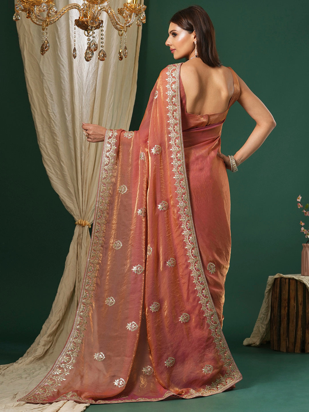 Satin Silk Peach Embroidered Designer Saree With Blouse