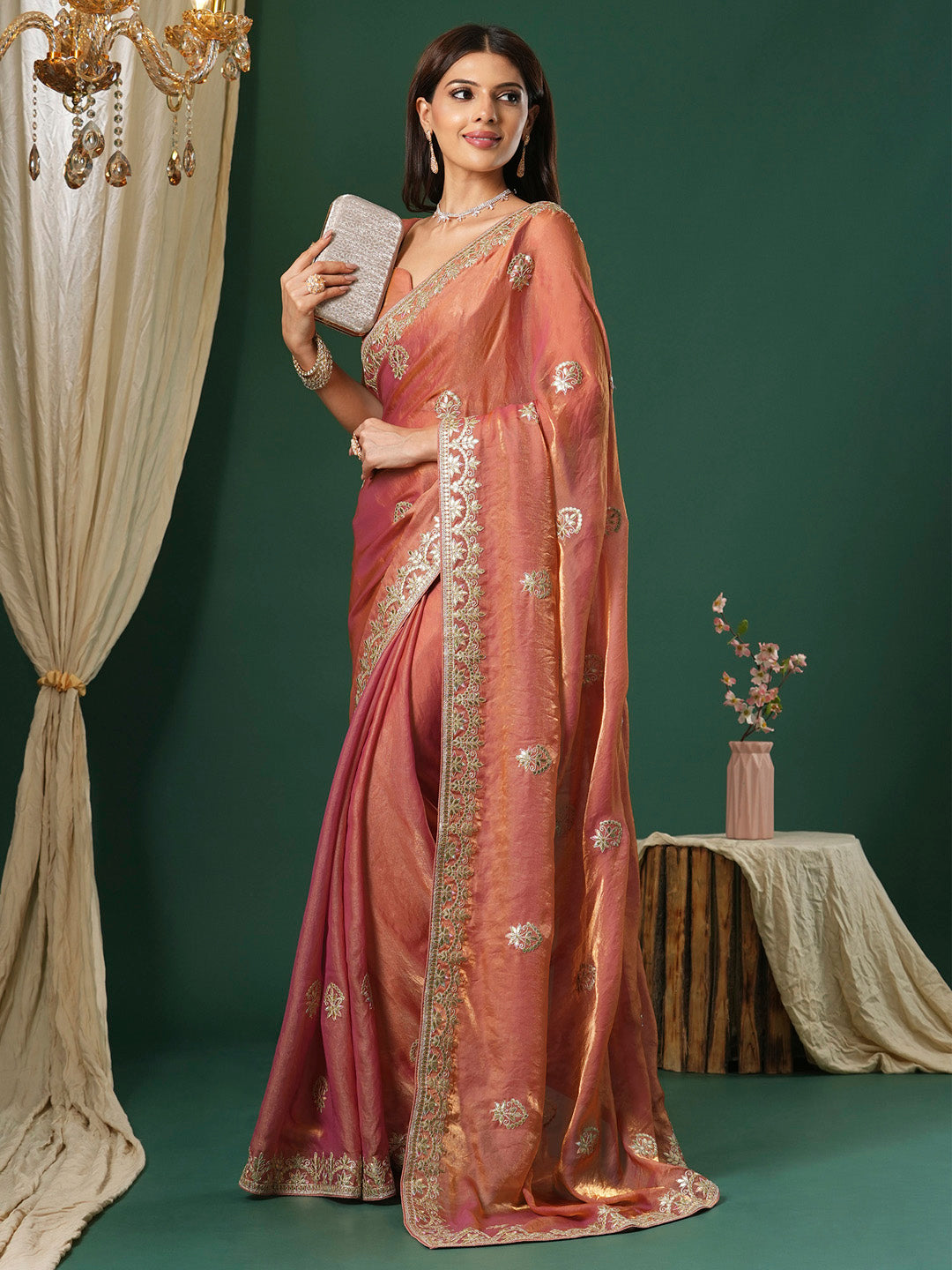 Satin Silk Peach Embroidered Designer Saree With Blouse