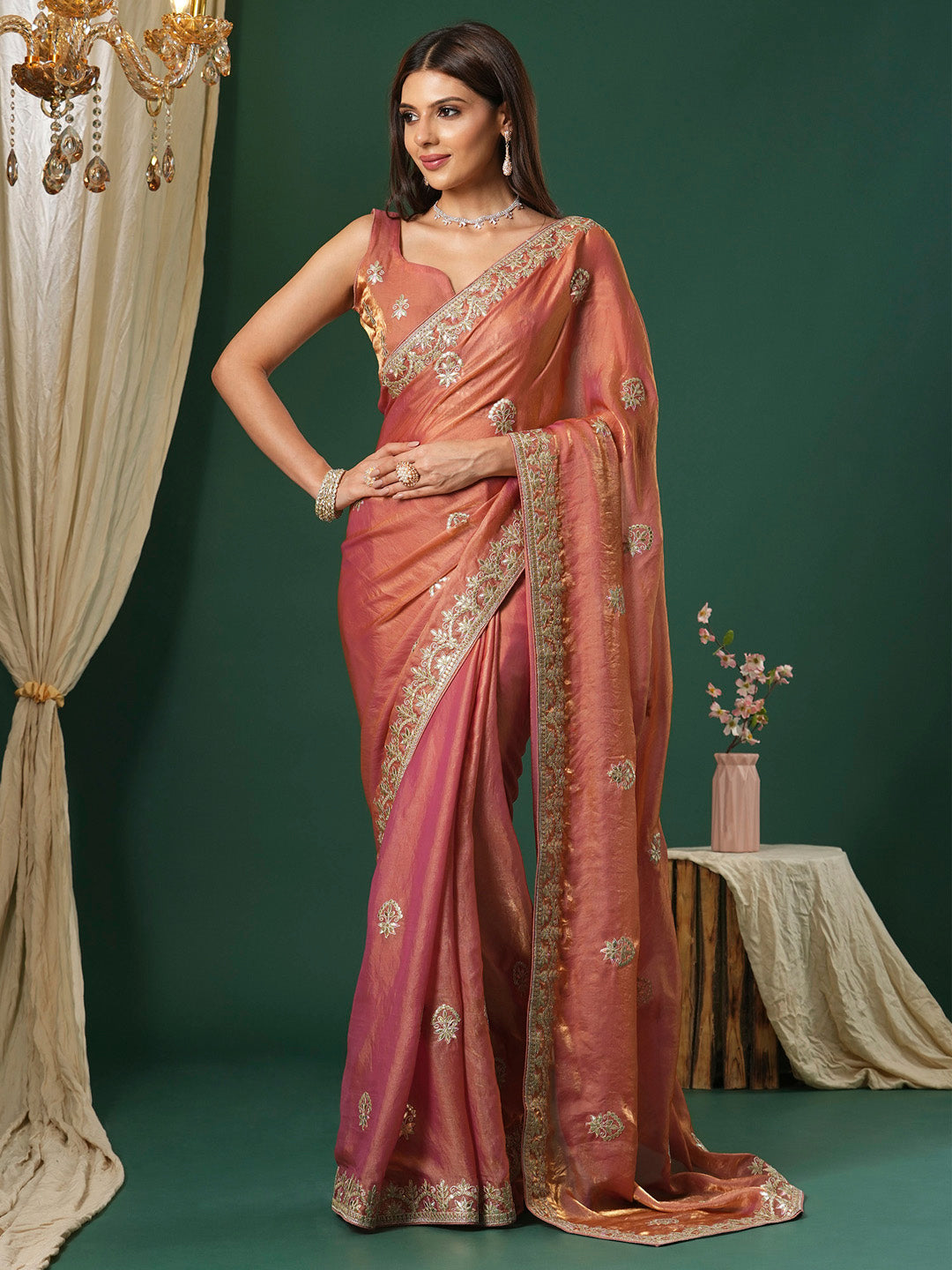 Satin Silk Peach Embroidered Designer Saree With Blouse