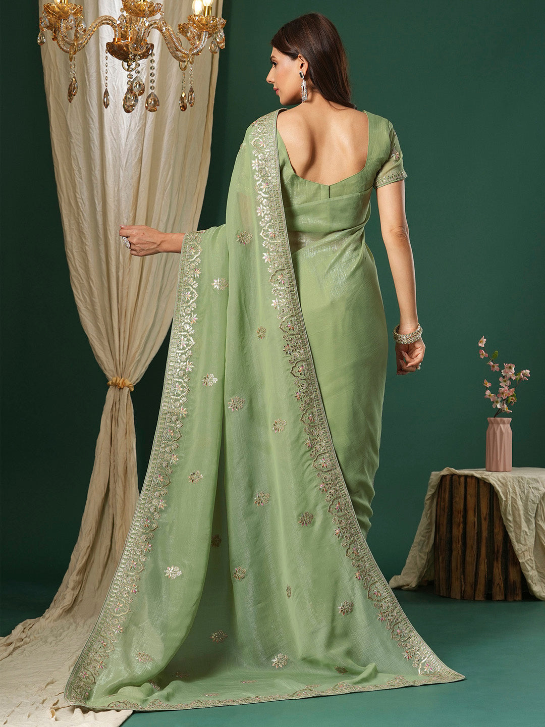 Satin Silk Light Green Embroidered Designer Saree With Blouse