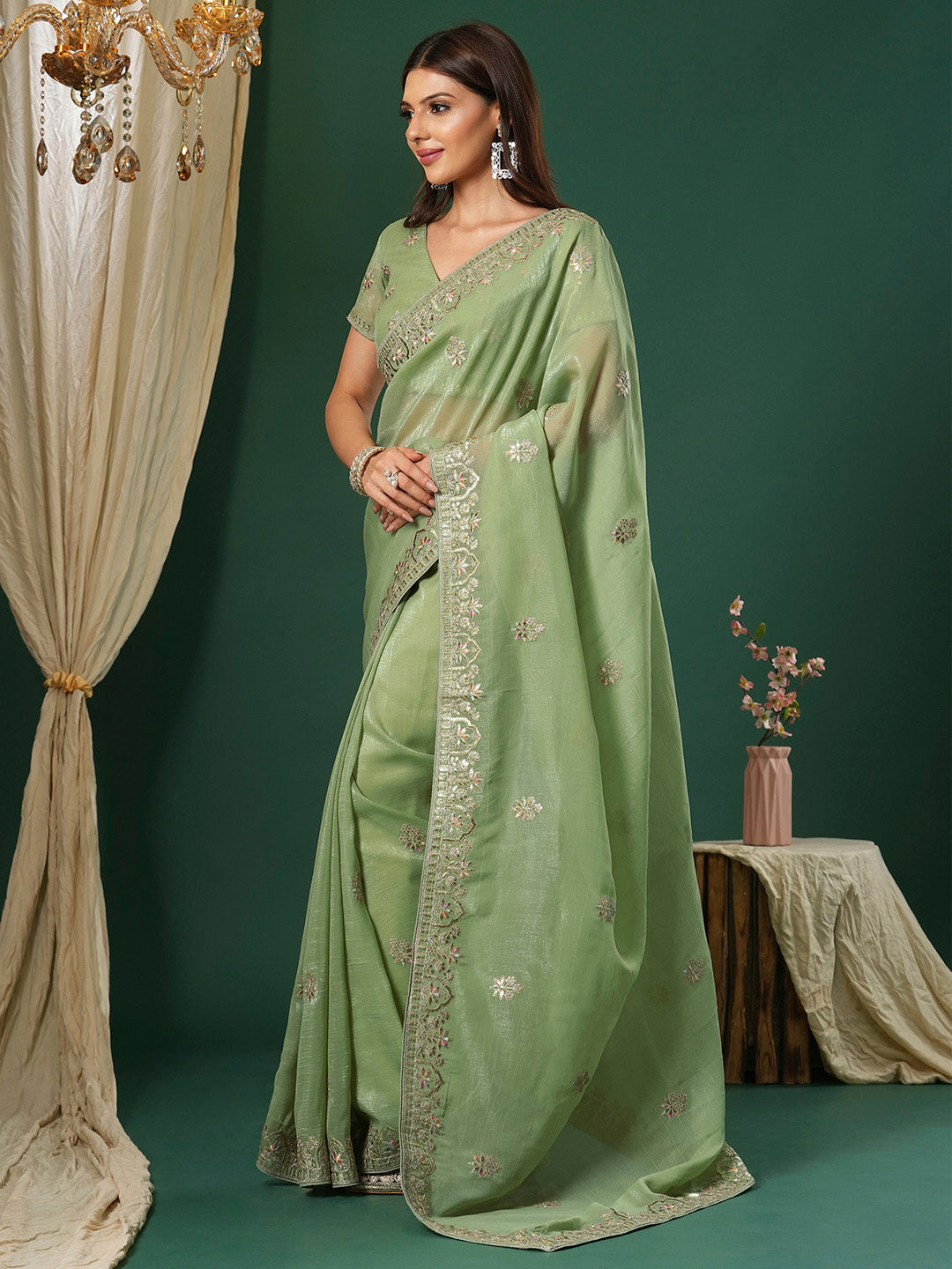 Satin Silk Light Green Embroidered Designer Saree With Blouse