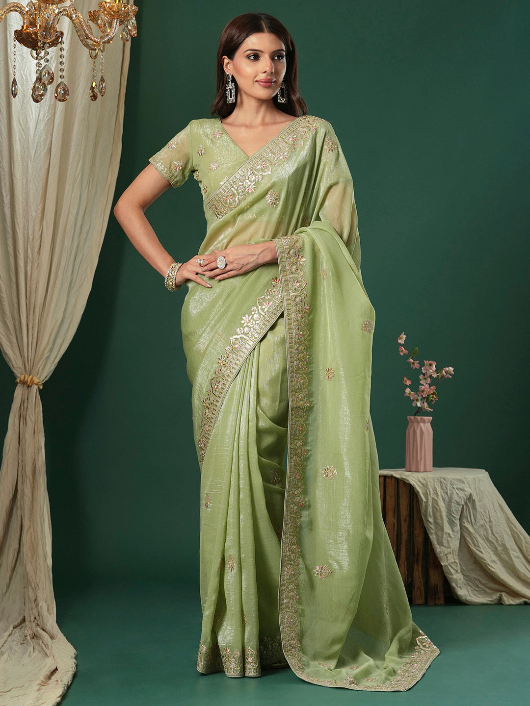 Satin Silk Light Green Embroidered Designer Saree With Blouse