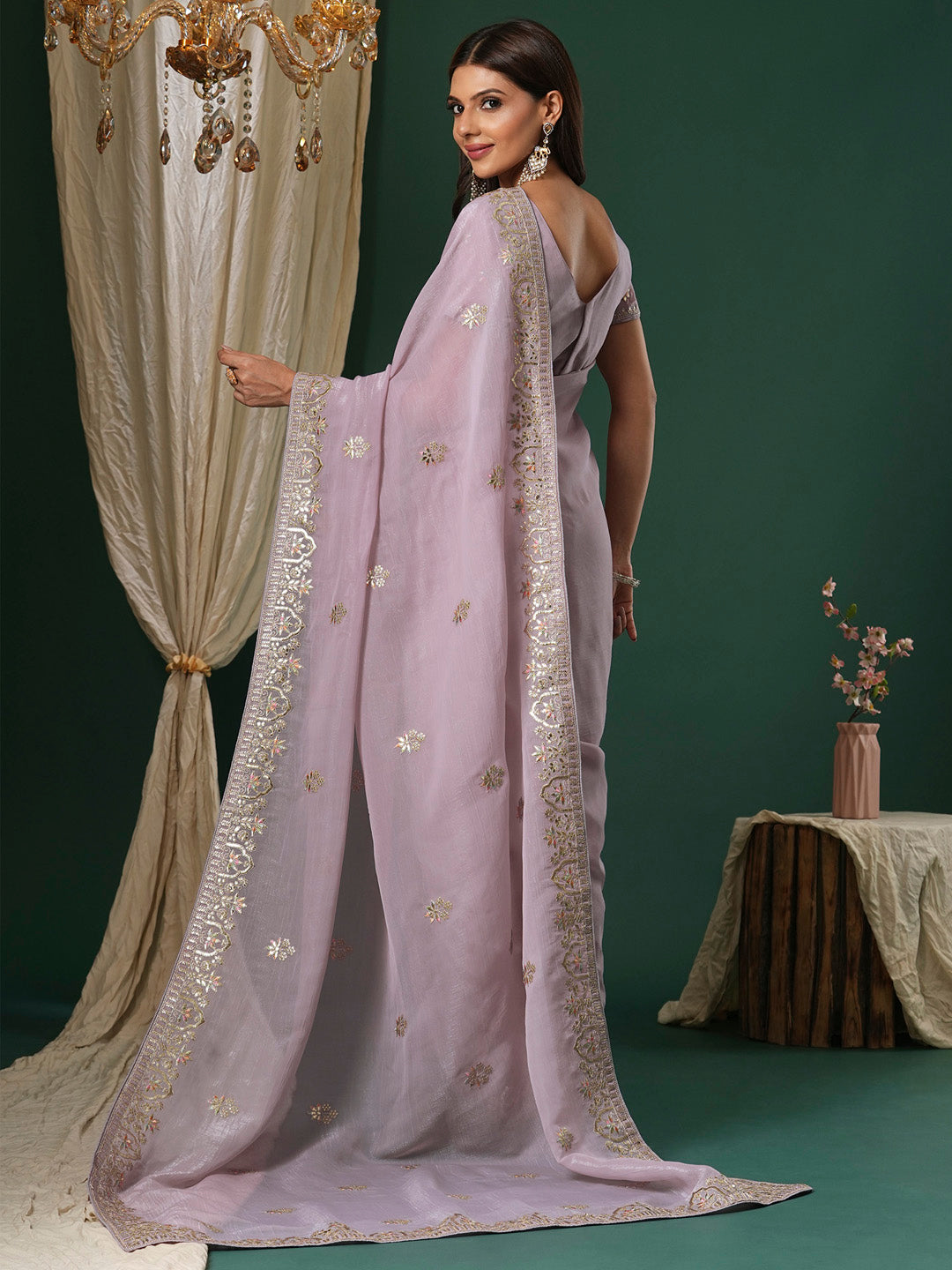 Satin Silk Lavendar Embroidered Designer Saree With Blouse