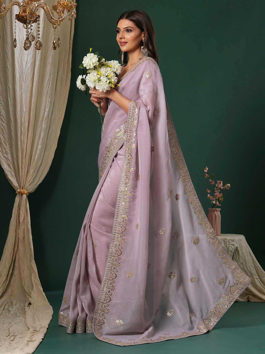 Satin Silk Lavendar Embroidered Designer Saree With Blouse