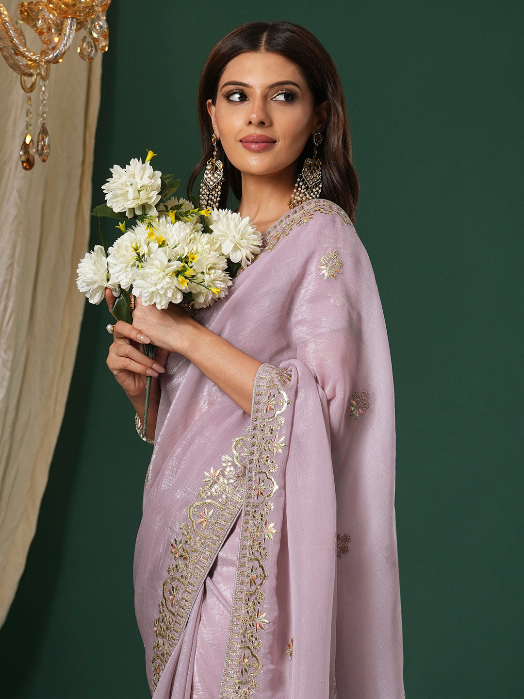 Satin Silk Lavendar Embroidered Designer Saree With Blouse