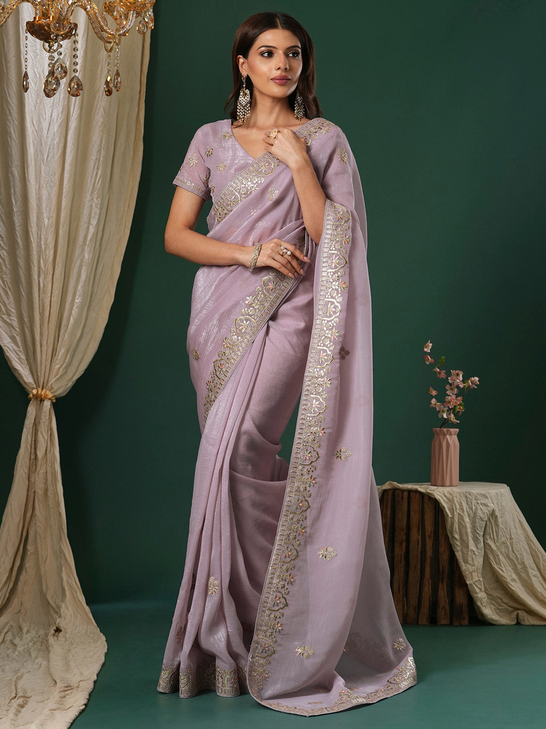 Satin Silk Lavendar Embroidered Designer Saree With Blouse