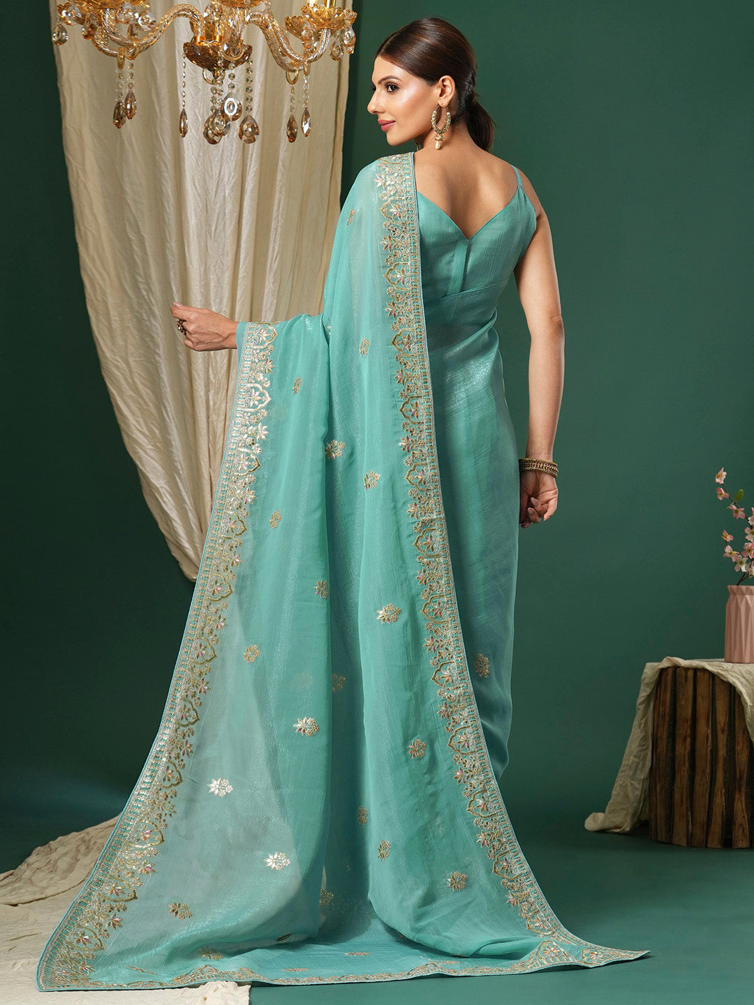 Satin Silk Light Blue Embroidered Designer Saree With Blouse